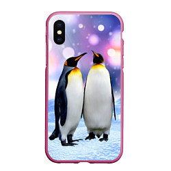 Чехол iPhone XS Max матовый Пингвины на снегу, цвет: 3D-малиновый