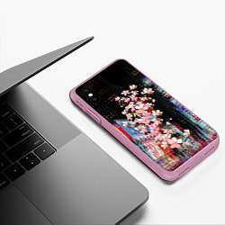 Чехол iPhone XS Max матовый Ветка сакуры на фоне ночного Токио - glitch, цвет: 3D-розовый — фото 2