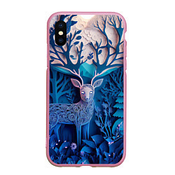 Чехол iPhone XS Max матовый Объемная иллюстрация из бумаги лес и олень на сине, цвет: 3D-розовый