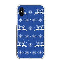 Чехол iPhone XS Max матовый Белые олени со снежинками на синем фоне, цвет: 3D-белый