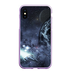 Чехол iPhone XS Max матовый Космос, планета и корабль, цвет: 3D-сиреневый