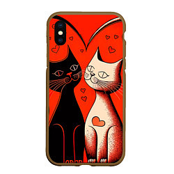 Чехол iPhone XS Max матовый Влюблённые кошки на красном фоне, цвет: 3D-коричневый