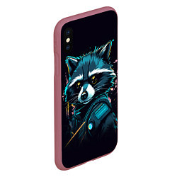 Чехол iPhone XS Max матовый Енот - cyberpunk style, цвет: 3D-малиновый — фото 2