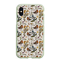 Чехол iPhone XS Max матовый Птицы малиновки и зверобой, цвет: 3D-салатовый