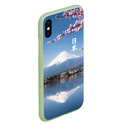 Чехол iPhone XS Max матовый Цветущая сакура на фоне Фудзиямы - Япония, цвет: 3D-салатовый — фото 2