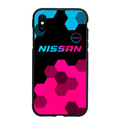 Чехол iPhone XS Max матовый Nissan - neon gradient: символ сверху, цвет: 3D-черный