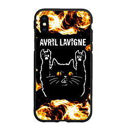 Чехол iPhone XS Max матовый Avril Lavigne рок кот и огонь, цвет: 3D-черный