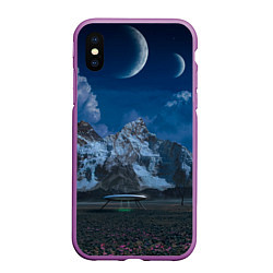 Чехол iPhone XS Max матовый Ночные горы в природе и небо с нло, цвет: 3D-фиолетовый