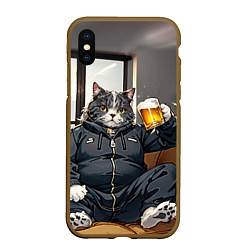 Чехол iPhone XS Max матовый Толстый кот со стаканом пива, цвет: 3D-коричневый