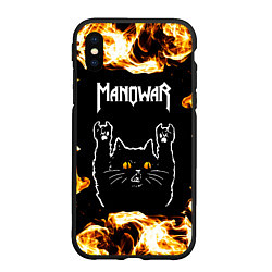 Чехол iPhone XS Max матовый Manowar рок кот и огонь, цвет: 3D-черный