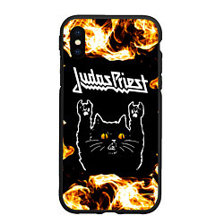Чехол iPhone XS Max матовый Judas Priest рок кот и огонь, цвет: 3D-черный