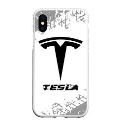 Чехол iPhone XS Max матовый Tesla speed на светлом фоне со следами шин, цвет: 3D-белый