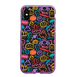 Чехол iPhone XS Max матовый Halloween colorful pumpkins, ghosts, spiders, цвет: 3D-фиолетовый