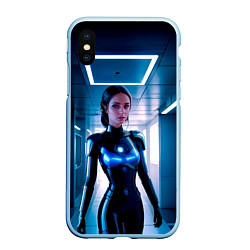 Чехол iPhone XS Max матовый Девушка биоробот на космической станции, цвет: 3D-голубой