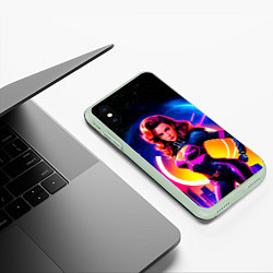 Чехол iPhone XS Max матовый Девушка в неоновом комбинезоне на фоне ночного гор, цвет: 3D-салатовый — фото 2