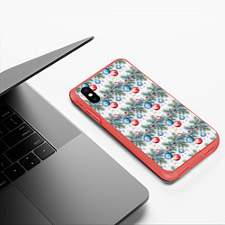 Чехол iPhone XS Max матовый Узор из елочных шаров на ветке, цвет: 3D-красный — фото 2
