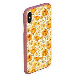 Чехол iPhone XS Max матовый Тыквы и осенние цветы - паттерн, цвет: 3D-малиновый — фото 2