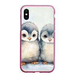 Чехол iPhone XS Max матовый Милые пингвины акварель, цвет: 3D-малиновый