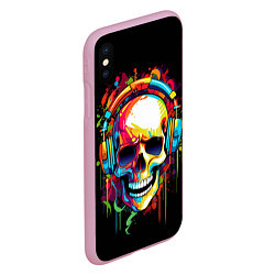 Чехол iPhone XS Max матовый Яркий череп в наушниках нарисованный красками, цвет: 3D-розовый — фото 2