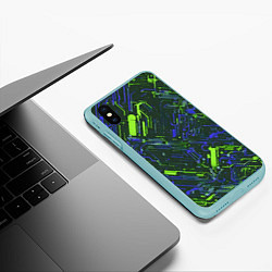 Чехол iPhone XS Max матовый Киберпанк линии зелёные и синие, цвет: 3D-мятный — фото 2