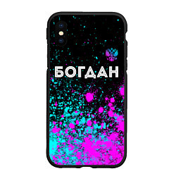 Чехол iPhone XS Max матовый Богдан и неоновый герб России: символ сверху, цвет: 3D-черный