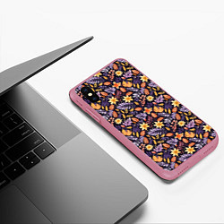 Чехол iPhone XS Max матовый Паттерн из листочков и цветочков, цвет: 3D-малиновый — фото 2