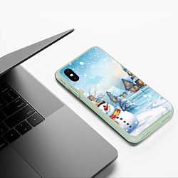Чехол iPhone XS Max матовый Новогодний городок и снеговики, цвет: 3D-салатовый — фото 2