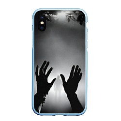 Чехол iPhone XS Max матовый Руки зомби и силуэт в тумане, цвет: 3D-голубой