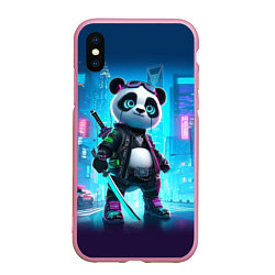 Чехол iPhone XS Max матовый Панда кибер самурай в ночном Нью-Йорке, цвет: 3D-розовый