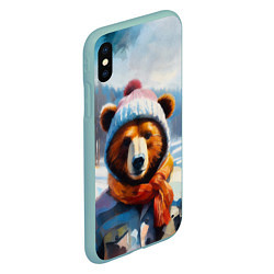 Чехол iPhone XS Max матовый Бурый медведь в зимней одежде, цвет: 3D-мятный — фото 2