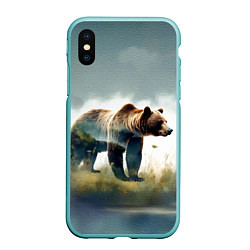 Чехол iPhone XS Max матовый Минималистичный пейзаж с медведем акварель, цвет: 3D-мятный