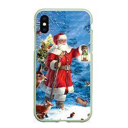 Чехол iPhone XS Max матовый Дед Мороз в лесу с животными, цвет: 3D-салатовый