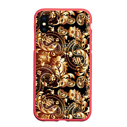 Чехол iPhone XS Max матовый Пейсли золотые узоры, цвет: 3D-красный
