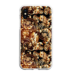 Чехол iPhone XS Max матовый Пейсли золотые узоры, цвет: 3D-белый