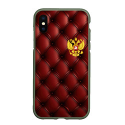 Чехол iPhone XS Max матовый Золотой герб России на красном кожаном фоне, цвет: 3D-темно-зеленый