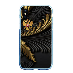 Чехол iPhone XS Max матовый Герб России черный и золотой фон, цвет: 3D-голубой