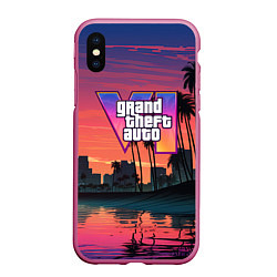 Чехол iPhone XS Max матовый GTA 6 лого на фоне заката, цвет: 3D-малиновый