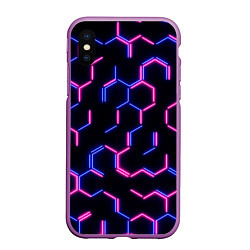 Чехол iPhone XS Max матовый Сине-розовые неоновые неполные гексагоны, цвет: 3D-фиолетовый