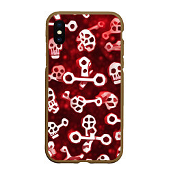 Чехол iPhone XS Max матовый Белые черепки и кости на красном фоне, цвет: 3D-коричневый