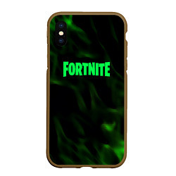 Чехол iPhone XS Max матовый Fortnite языки пламени зелёный, цвет: 3D-коричневый