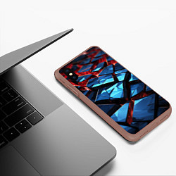 Чехол iPhone XS Max матовый Синие абстрактные плиты и красное свечение, цвет: 3D-коричневый — фото 2