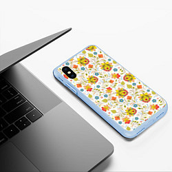 Чехол iPhone XS Max матовый Хохломская роспись разноцветные цветы на белом фон, цвет: 3D-голубой — фото 2