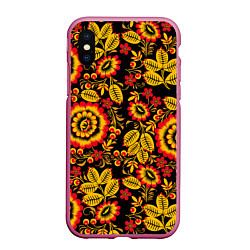 Чехол iPhone XS Max матовый Хохломская роспись золотистые листья и цветы чёрно, цвет: 3D-малиновый