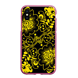 Чехол iPhone XS Max матовый Хохломская роспись золотые цветы на чёроном фоне, цвет: 3D-малиновый