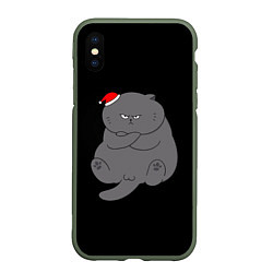 Чехол iPhone XS Max матовый Толстый новогодний кот, цвет: 3D-темно-зеленый