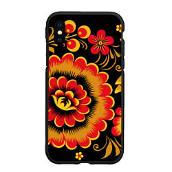 Чехол iPhone XS Max матовый Хохломская роспись красно-жёлтые цветы на чёрном ф, цвет: 3D-черный