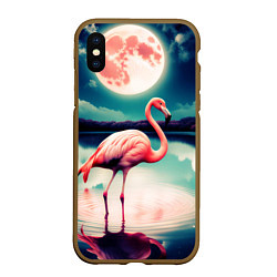 Чехол iPhone XS Max матовый Розовый фламинго на фоне луны, цвет: 3D-коричневый