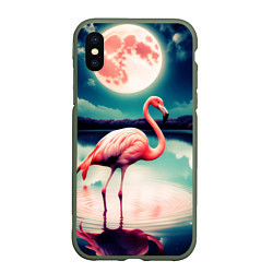 Чехол iPhone XS Max матовый Розовый фламинго на фоне луны, цвет: 3D-темно-зеленый