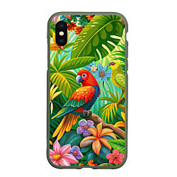 Чехол iPhone XS Max матовый Попугаи - экзотические птицы, цвет: 3D-темно-зеленый