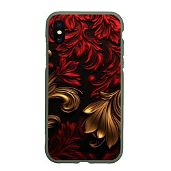 Чехол iPhone XS Max матовый Красные и золотые узоры лепнина, цвет: 3D-темно-зеленый